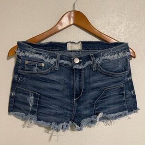 Gilded Intent Dark Wash Distressed Frayed Hem Denim Shorts